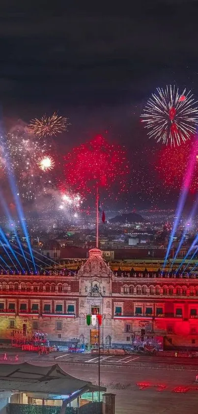 Vibrant fireworks illuminate a historic cityscape at night.