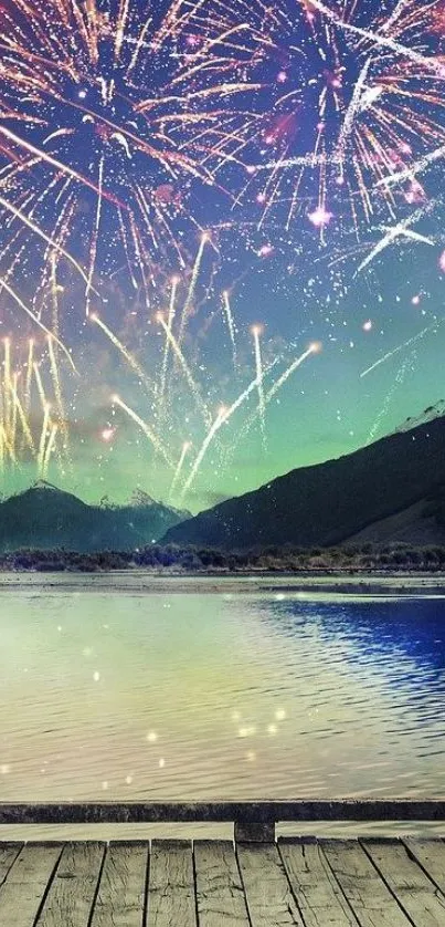 Colorful fireworks over a lake with mountains in the background.