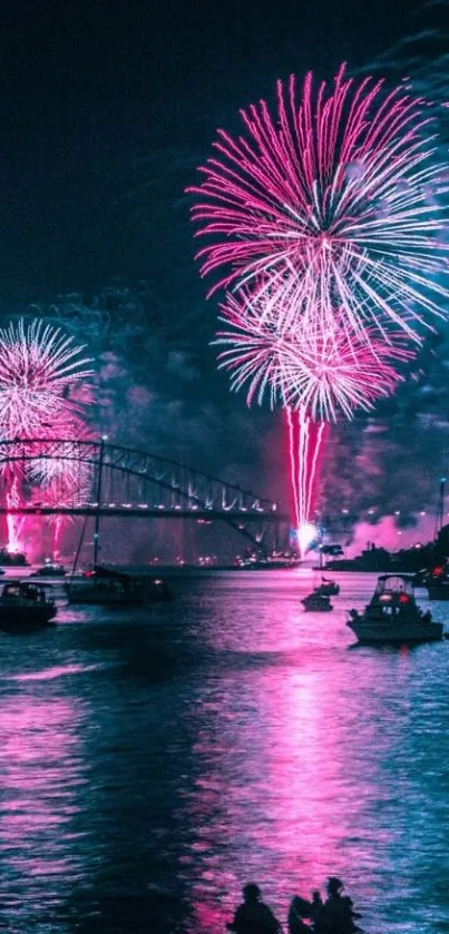 Colorful fireworks exploding over a tranquil night lake.