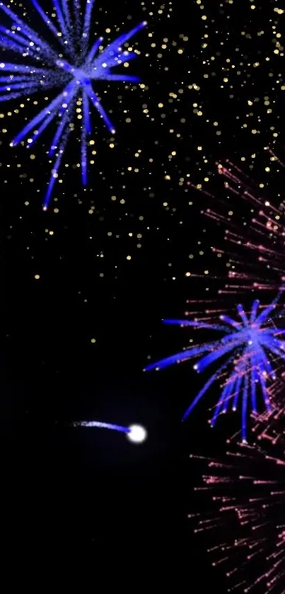 Blue and pink fireworks against a starry sky in a phone wallpaper.