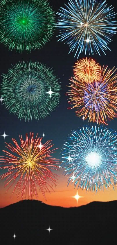 Vibrant fireworks burst in colorful night sky.