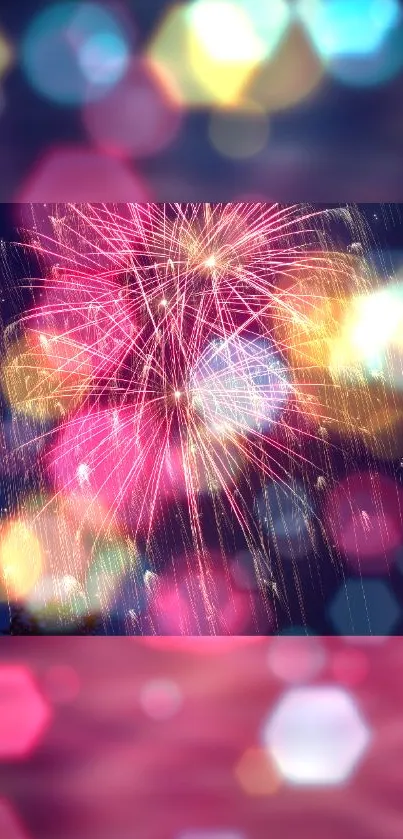 Dynamic fireworks wallpaper with vibrant colors and bokeh effect.