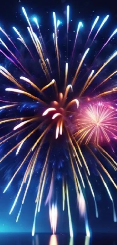 Colorful fireworks burst against a dark blue sky in this vibrant phone wallpaper.