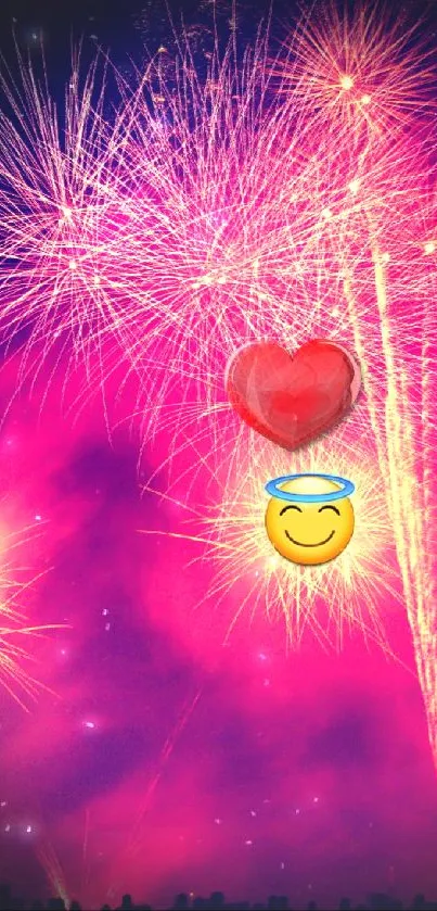 Vibrant fireworks with heart and angel emojis in the night sky.