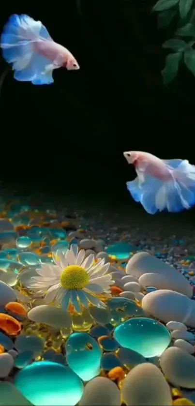 Colorful betta fish swimming over vibrant pebbles and a flower.