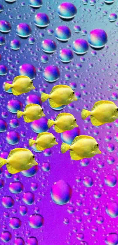 Yellow fish swim against a vibrant purple bubble background.