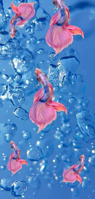 Vibrant pink fish with bubbles on a blue background.