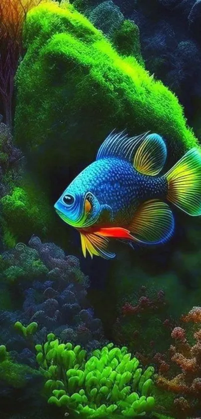 Vibrant fish swim among lush coral in colorful wallpaper.