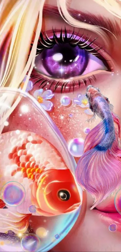 Colorful fantasy wallpaper with fish and purple eye.