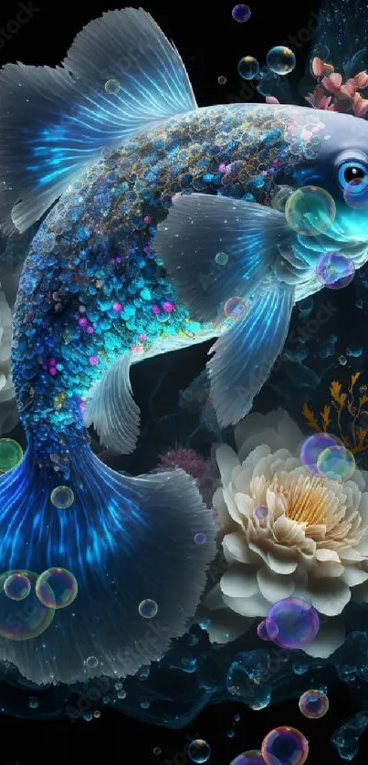 Blue fish with colorful scales and flowers on black background wallpaper.