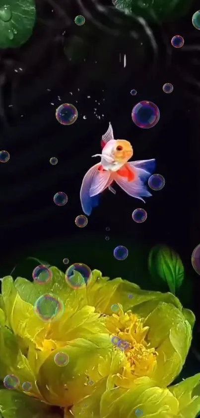 Colorful fish with yellow flower and bubbles on a phone wallpaper background.