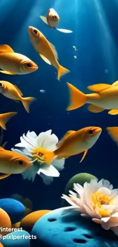 Golden fish swim with underwater flowers.