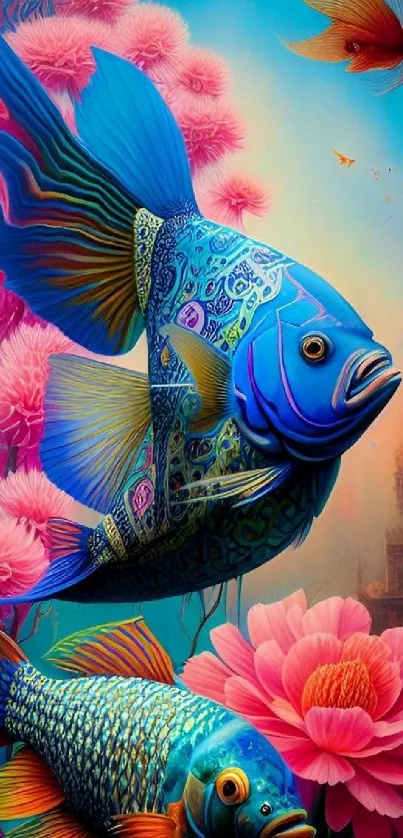Vibrant blue fish and pink flowers wallpaper art.