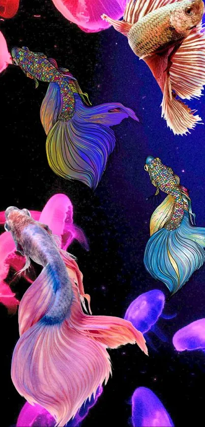 Colorful fish and jellyfish in dynamic phone wallpaper.