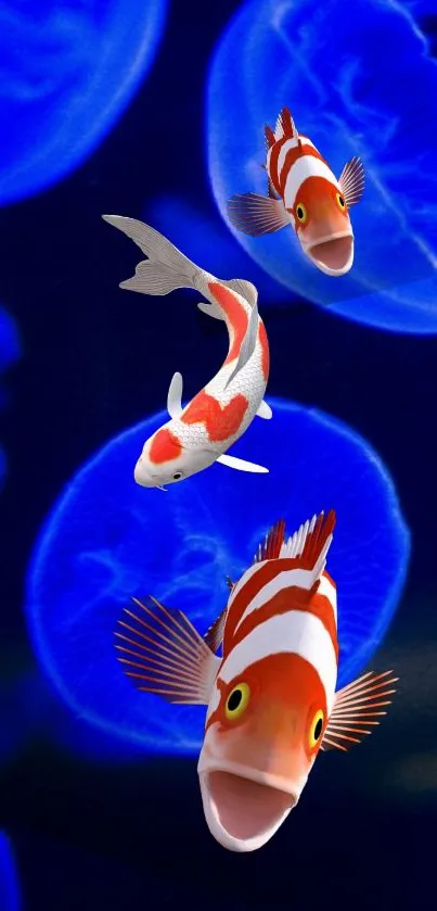 Colorful koi and clownfish swim with glowing blue jellyfish wallpaper.