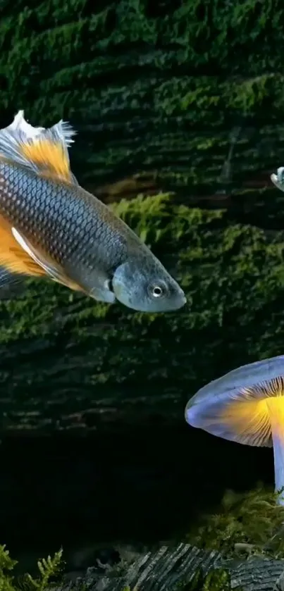 Two colorful fish swim near a glowing mushroom on a dark green background.