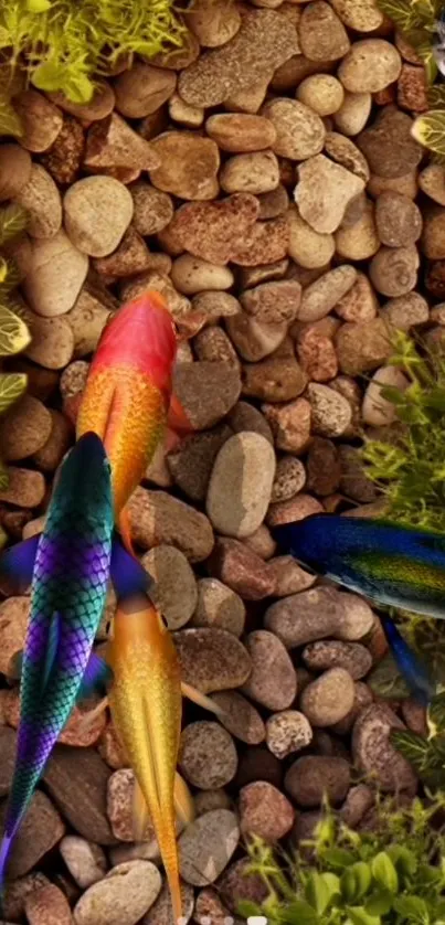 Colorful koi fish swim over pebbles with green foliage.