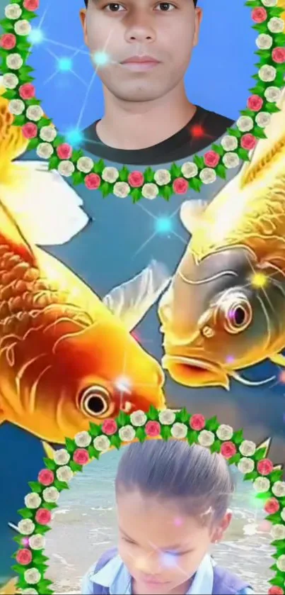 Colorful koi fish with floral framed portraits