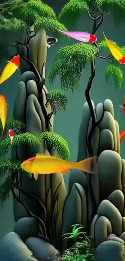 Vibrant fish swimming amidst scenic rocks and lush green foliage.