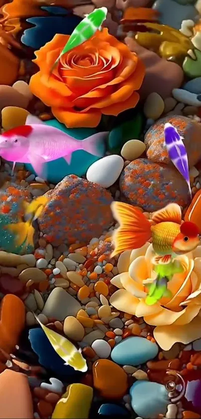 Colorful fish swimming among vibrant flowers in artistic wallpaper.