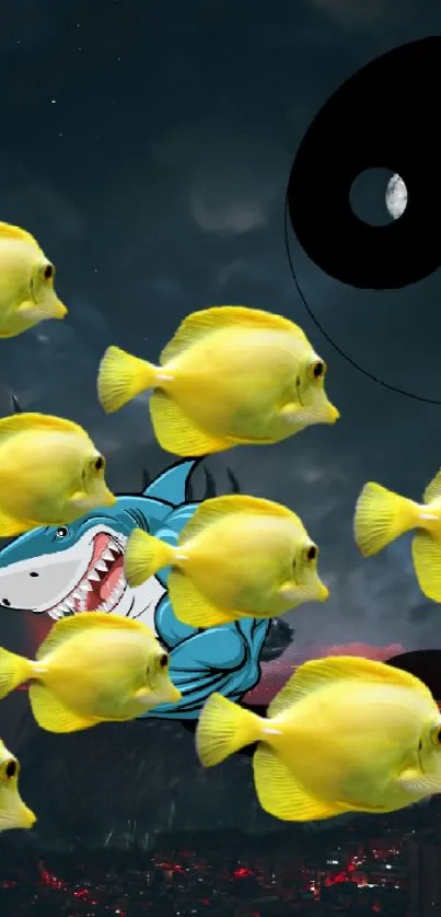 Cartoon shark with yellow fish on dark oceanic background.