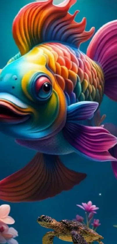 Colorful fish and turtle in artistic underwater setting.