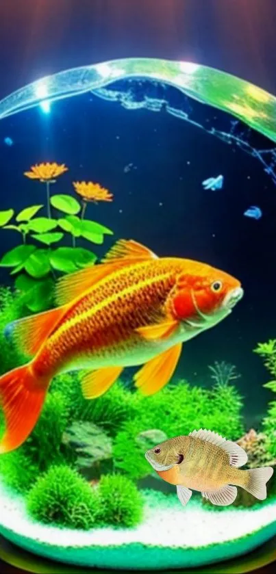 Aquarium wallpaper with vibrant fish and lush green plants in a bowl.