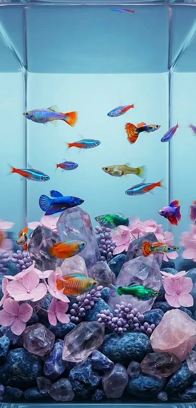 Colorful fish swim in vibrant aquarium wallpaper.