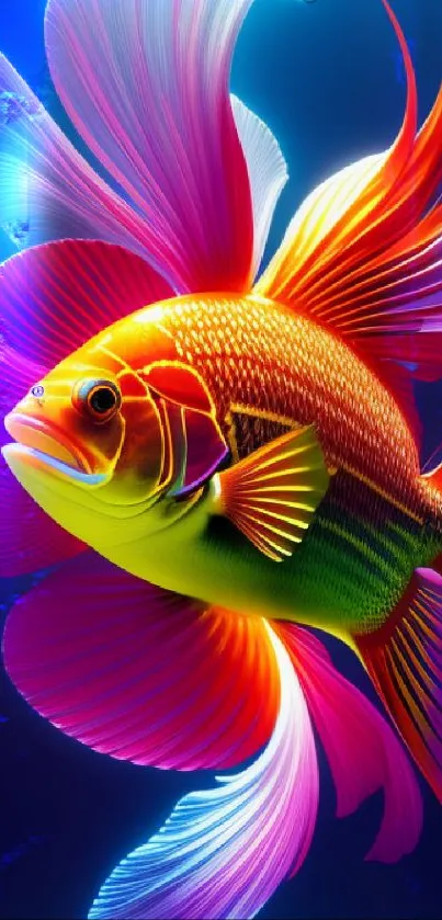 Vibrant neon fish with colorful fins on a navy blue background.