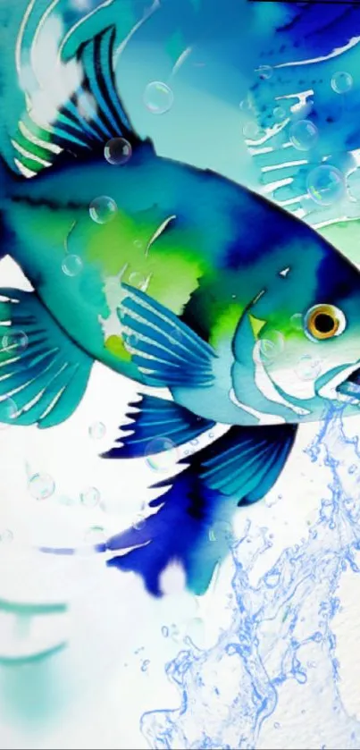 Vibrant blue and green fish in artistic water-themed wallpaper.