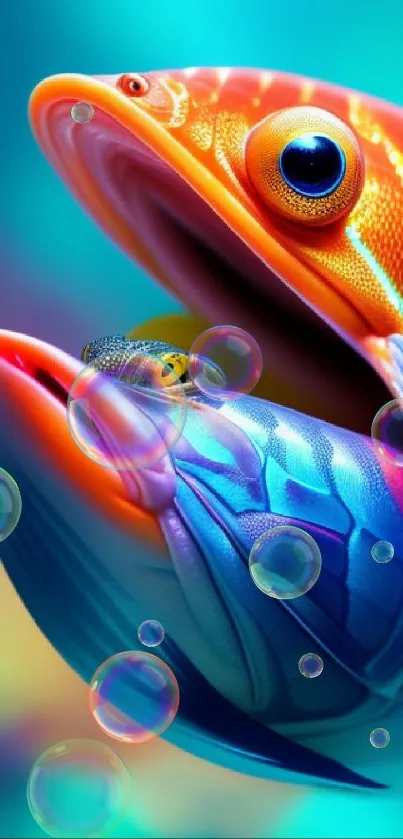 Vibrant digital art of colorful intertwined fish in an ocean setting.