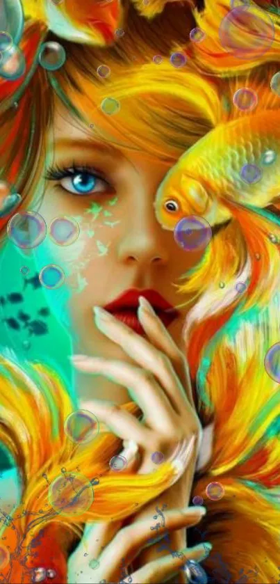 Surreal art of a woman with fish in vibrant colors as a mobile wallpaper.