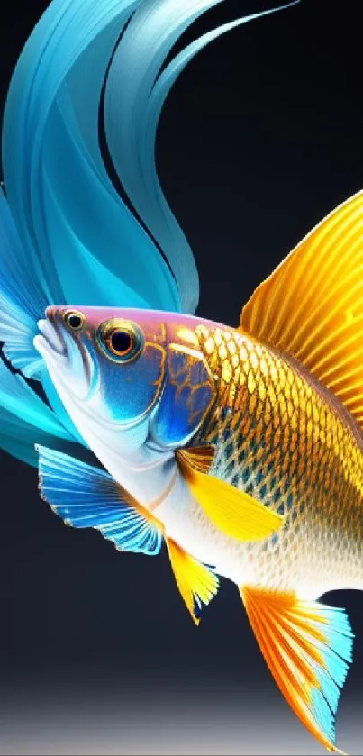 Vibrant blue and orange fish with artistic fins on a dark background.