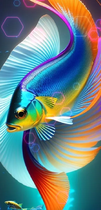 Colorful fish in vibrant hues swim in digital art wallpaper.