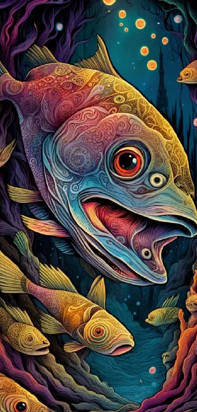 Vibrant colorful fish artwork with intricate details and underwater theme.