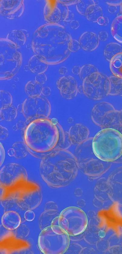 Orange fish swimming with bubbles on a vibrant blue background.