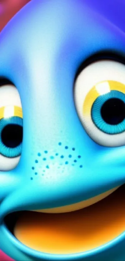 A vibrant cartoon fish with blue hues and big expressive eyes.