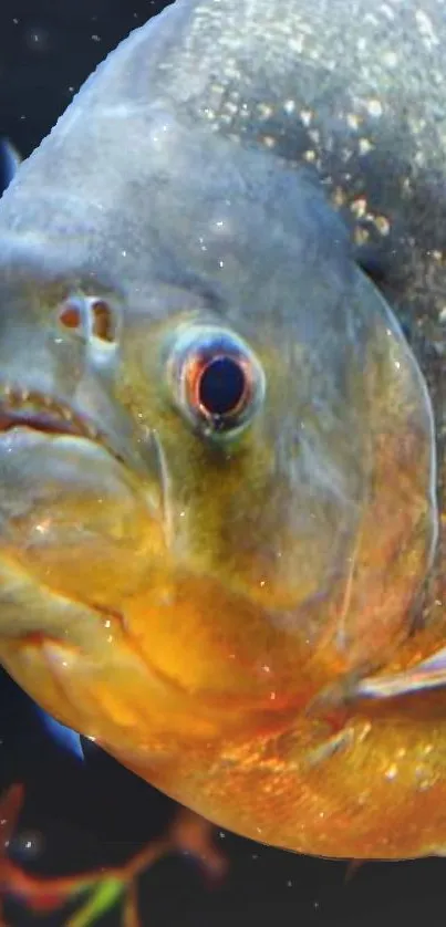 Close-up of vibrant fish with orange and blue hues, swimming underwater.