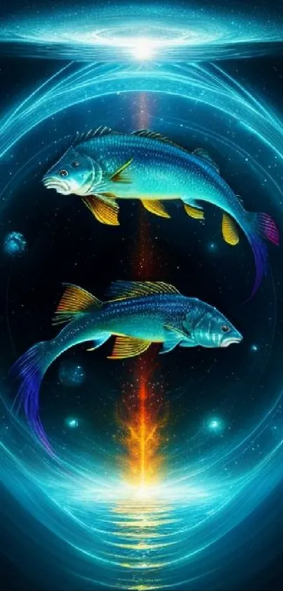 Vibrant cosmic fish artwork with glowing blue and orange colors.