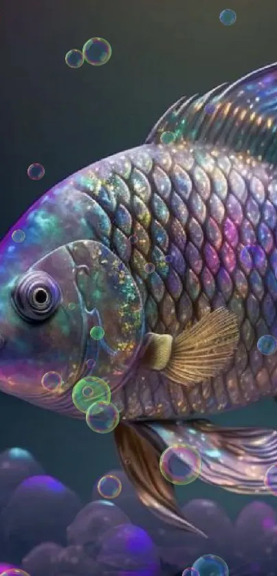 Vibrantly colored fantasy fish with glowing scales on a dark background.