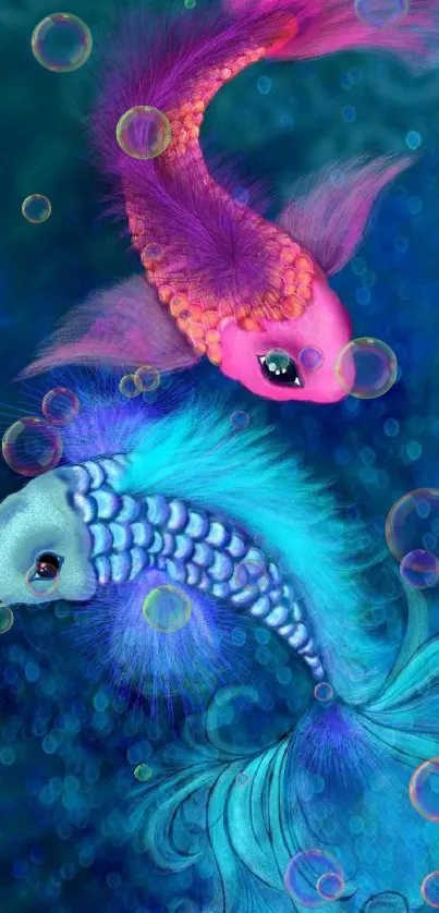 Artistic wallpaper featuring vibrant fish on blue and purple aquatic background.