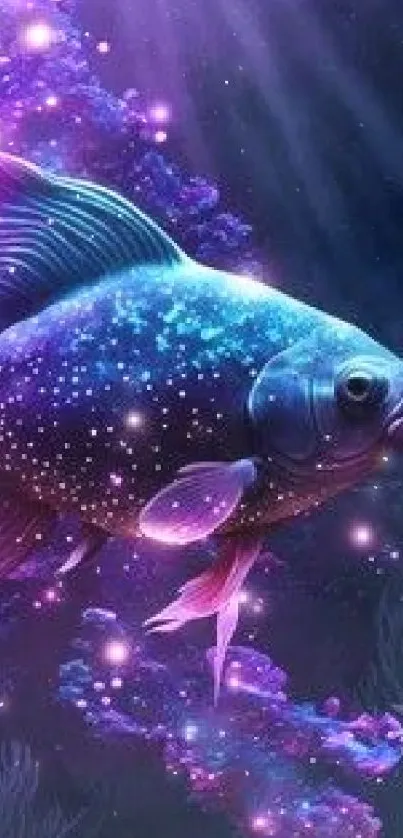 A vibrant cosmic fish swimming in a galaxy-themed wallpaper.