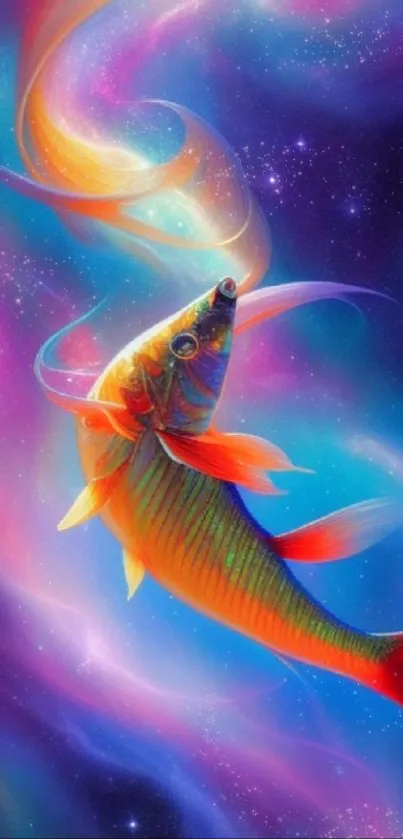 Colorful fish swims in a vibrant galaxy, blending cosmic and aquatic themes.