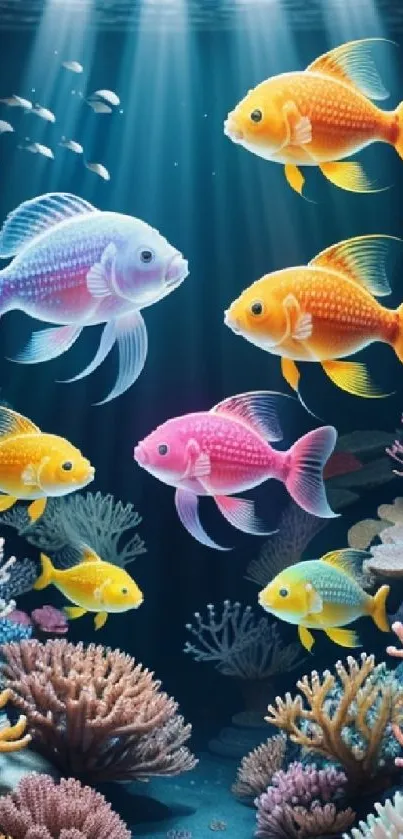 Colorful fish swim in a vibrant coral reef underwater scene.