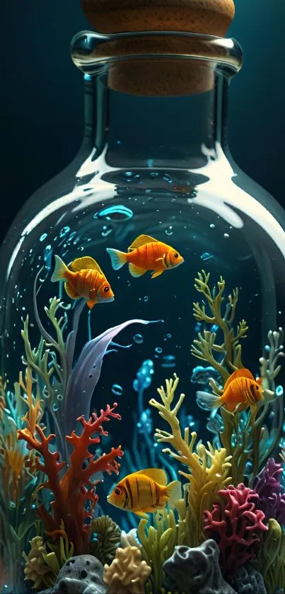 Colorful fish and coral in glass bottle aquarium.