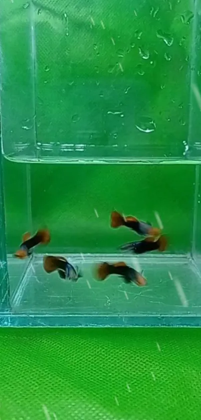 Vibrant fish swim in a green aquarium tank.