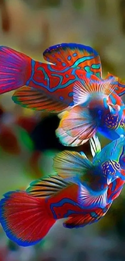 Colorful mandarin fish in vibrant blue and red hues, stunning marine wallpaper.