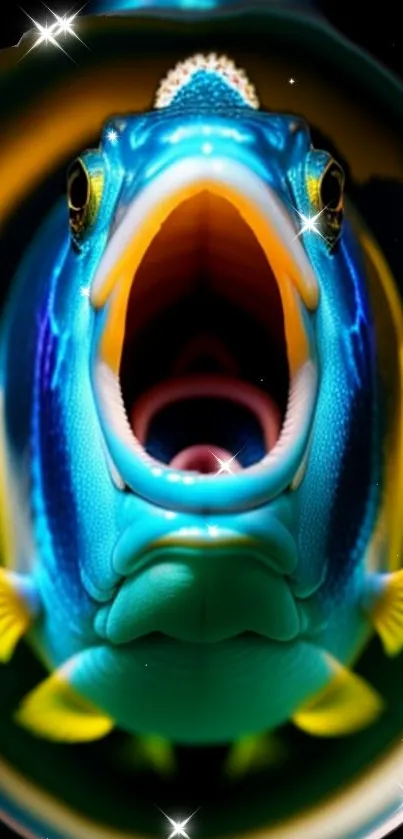 Close-up of a vibrant blue fish with open mouth and yellow fins.