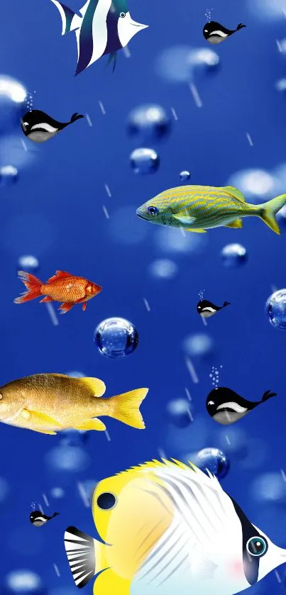 Mobile wallpaper featuring vibrant fish swimming in a blue ocean with bubbles.