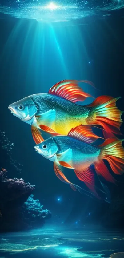 Vibrant fish swimming in a luminous underwater ocean scene.